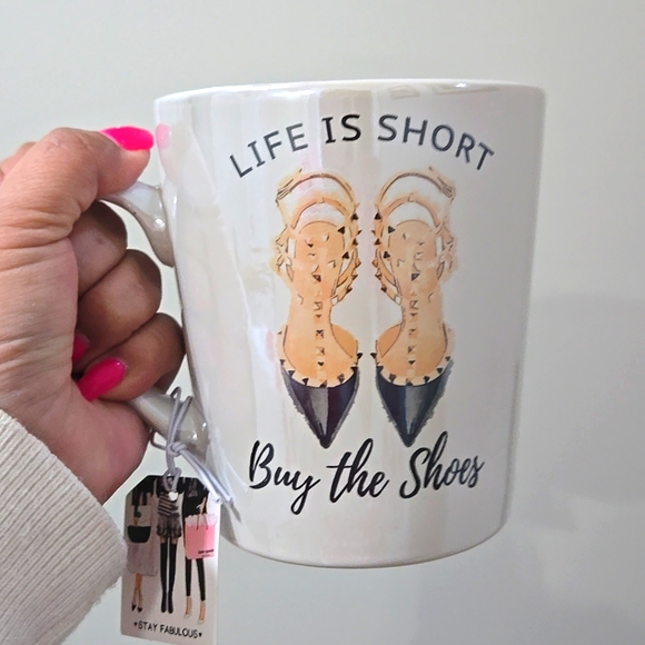 NWT mug LIFE IS SHORT BUY THE SHOES, ceramic, Valentino print on it - Picture 3 of 3
